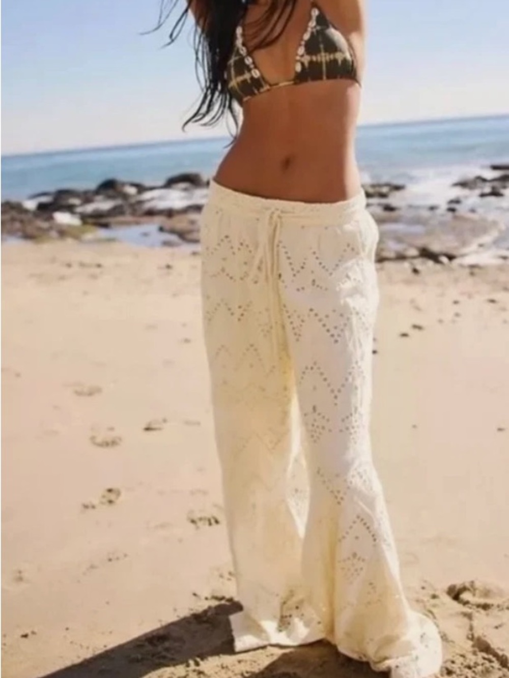 Free People Emma Embroidered Pants Flare Lined Eyele Rope Tie Waist